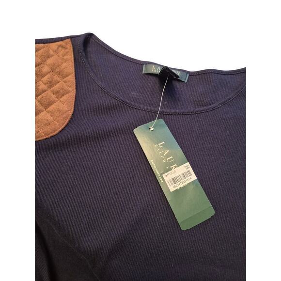 NWT LRL Lauren Ralph Lauren Ribbed Navy Blue Top Elbow Sleeves Sz XL - Picture 2 of 6